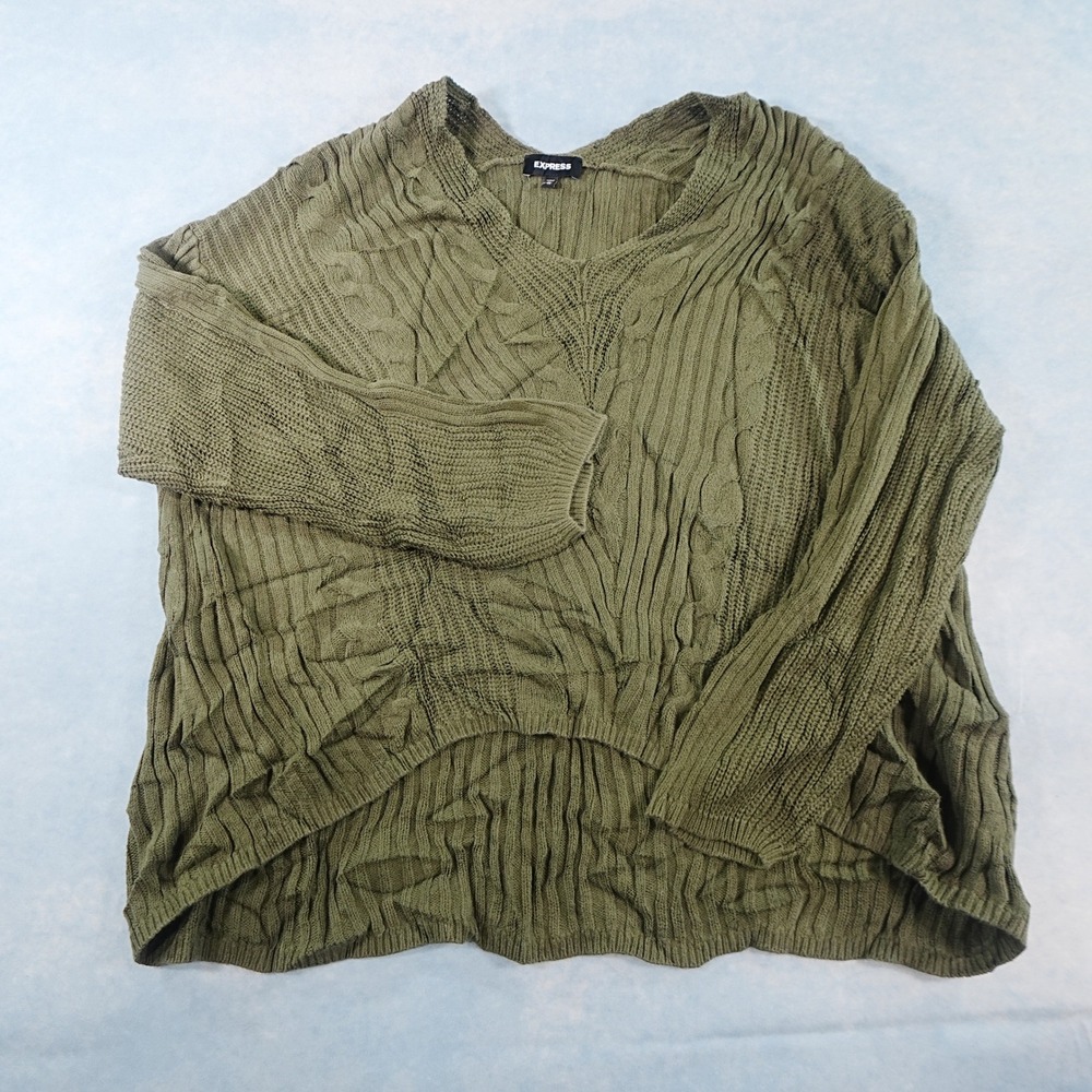 Express Womens XL Olive Green Cable Knit V-Neck High Low Pullover Sweater